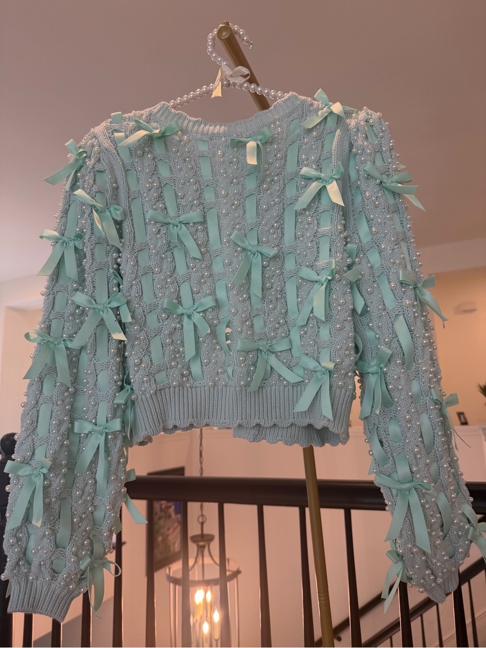 Alice + Olivia Mint Ribbon & Pearl Embellished Cardigan NWT - Picture 3 of 6